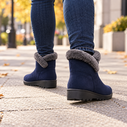 On-foot lifestyle view: women's faux-fur-trim side-zip winter boots in Blue, worn from rear angle