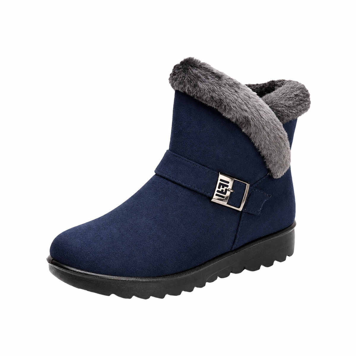 Women's faux-fur-trim side-zip winter boot in Blue, clear studio product view