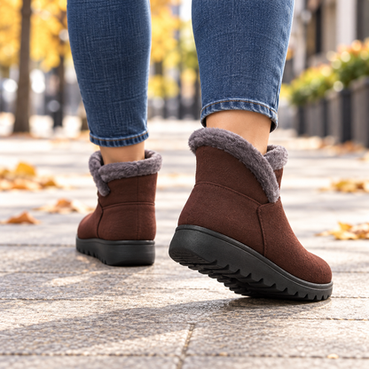 On-foot lifestyle view: women's faux-fur-trim side-zip winter boots in Brown, worn from rear angle