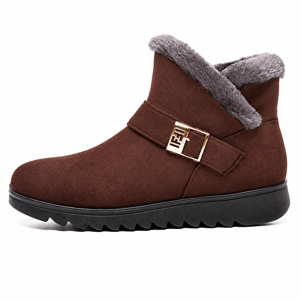 Women's faux-fur-trim side-zip winter boot in Brown, clear studio product view