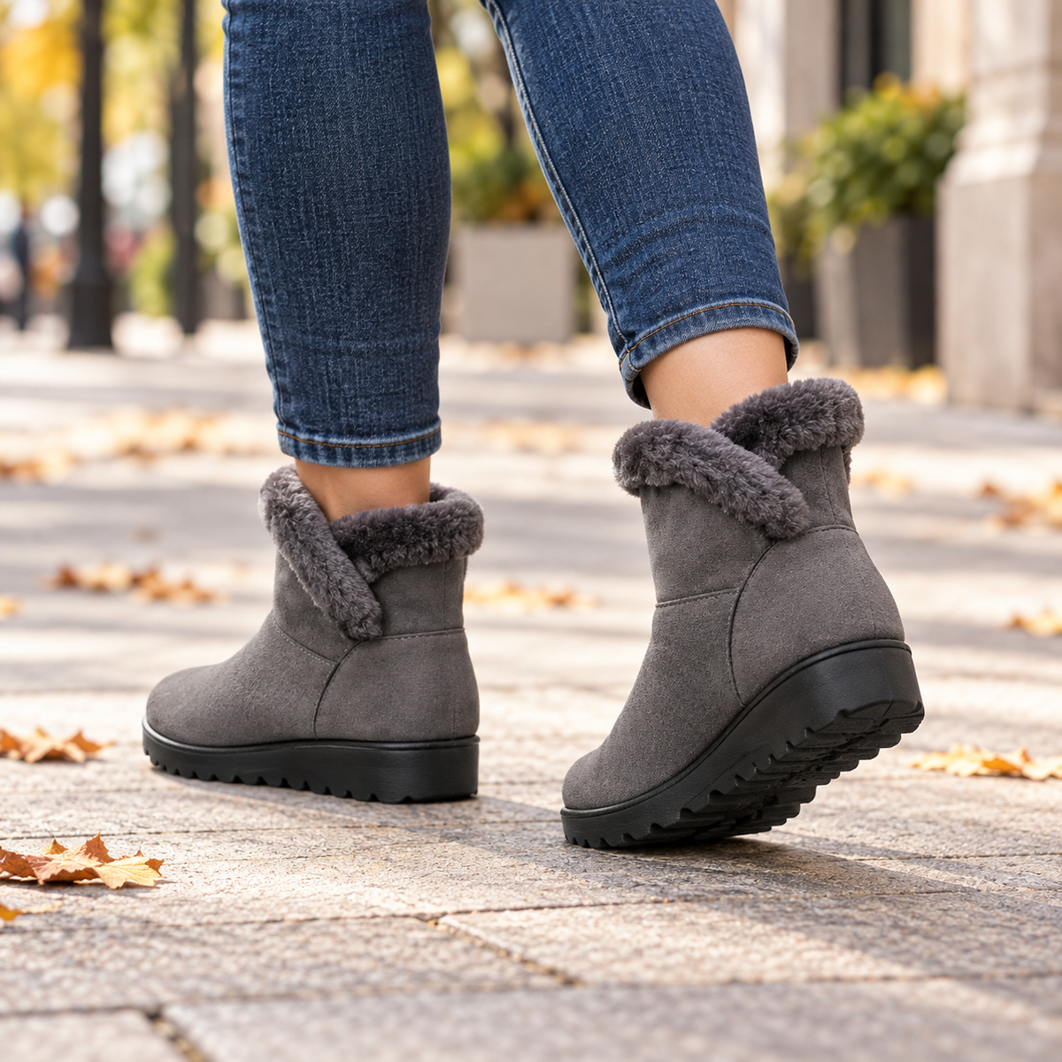 On-foot lifestyle view: women's faux-fur-trim side-zip winter boots in Grey, worn from rear angle