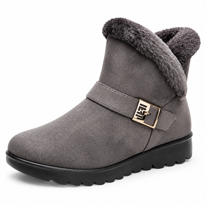 Women's faux-fur-trim side-zip winter boot in Grey, clear studio product view