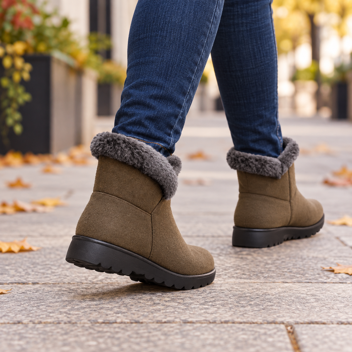 On-foot lifestyle view: women's faux-fur-trim side-zip winter boots in Khaki, worn from rear angle