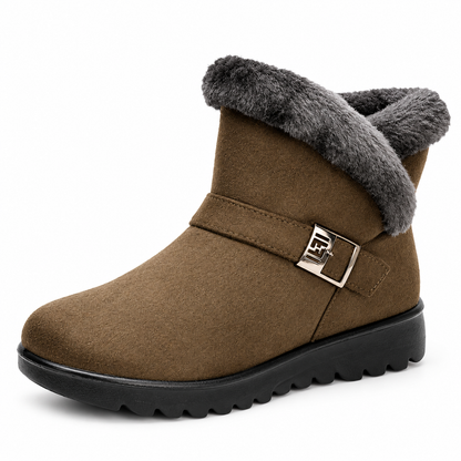 Women's faux-fur-trim side-zip winter boot in Khaki, clear studio product view