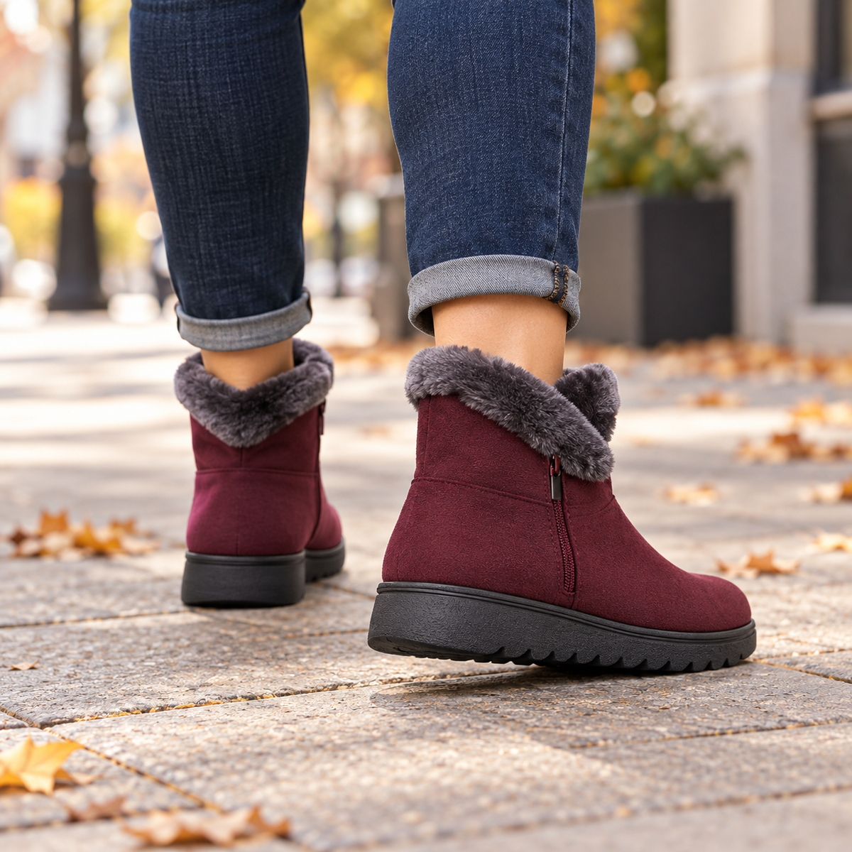 On-foot lifestyle view: women's faux-fur-trim side-zip winter boots in Wine Red, worn from rear angle