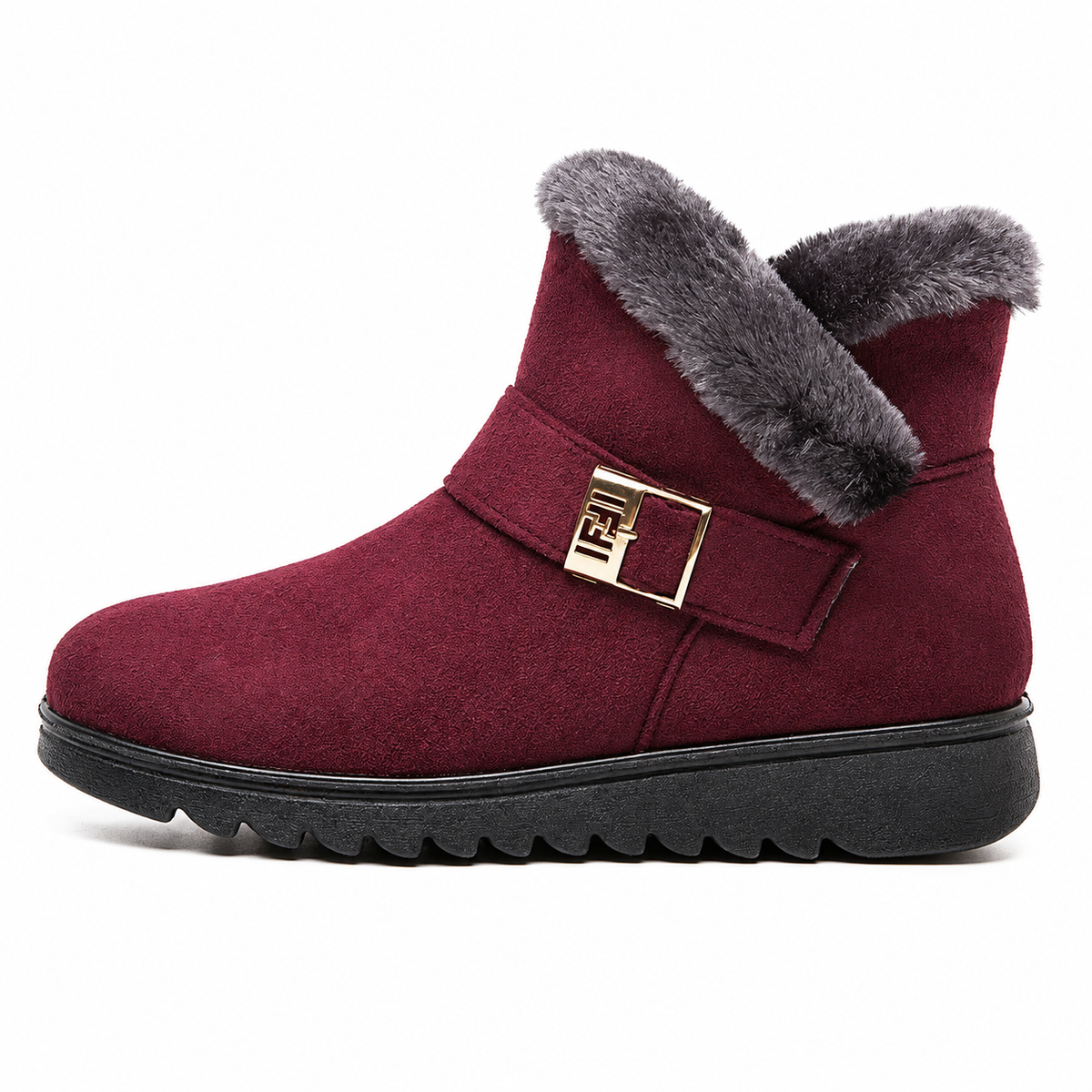 Women's faux-fur-trim side-zip winter boot in Wine Red, clear studio product view