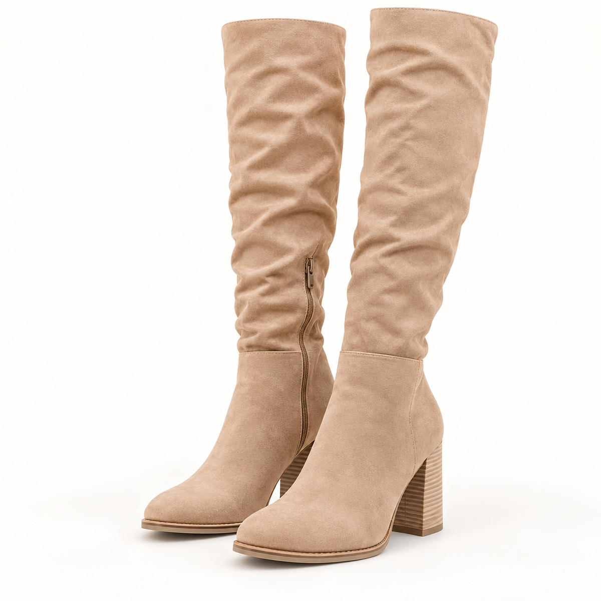 Beige block-heel knee-high boots, clean pair view