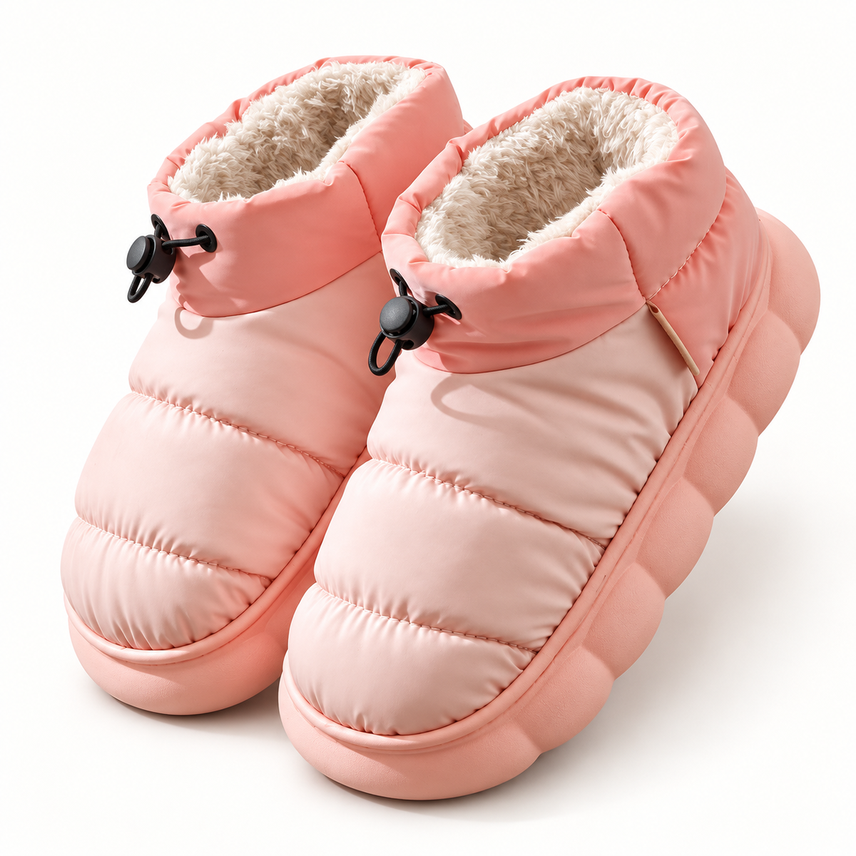 Pink quilted faux-fur-trim slipper boots, clean pair view