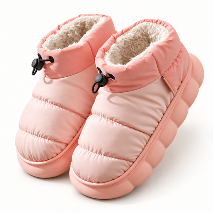 Pink quilted faux-fur-trim slipper boots, clean pair view
