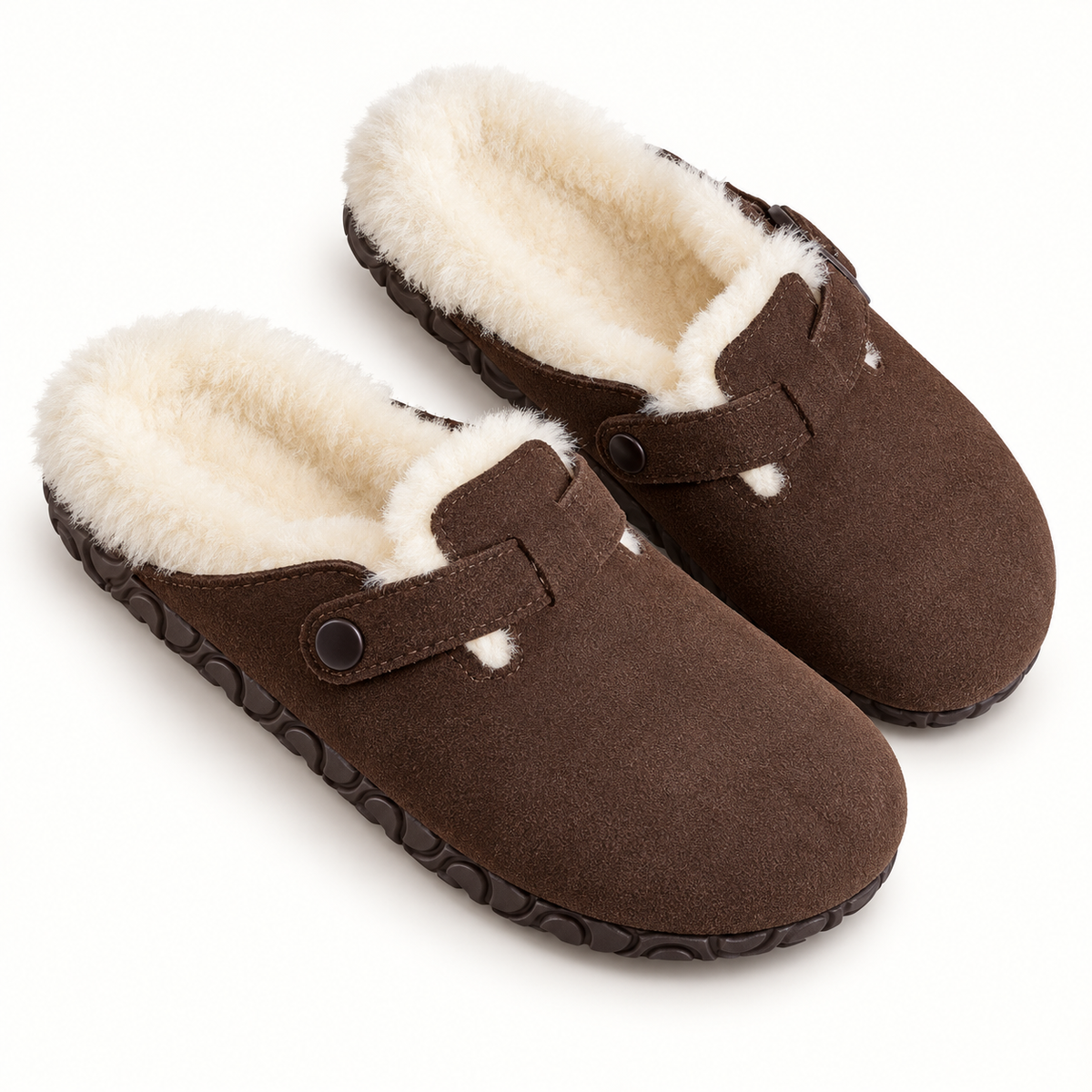 Brown faux-fur-trim buckle clogs, clean pair view