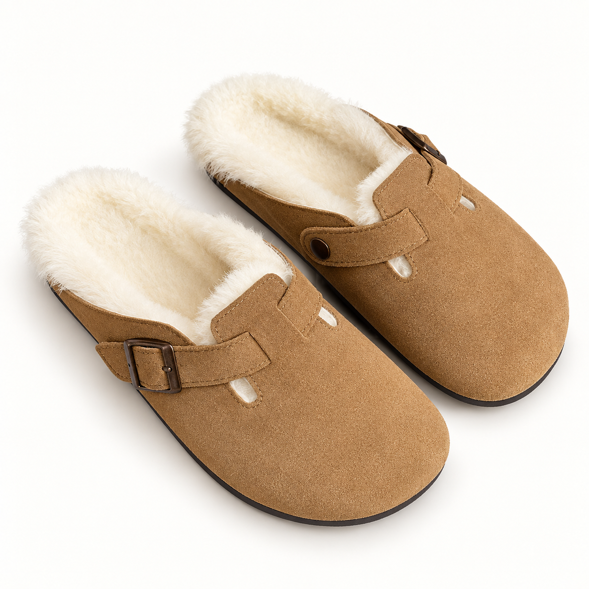 Camel faux-fur-trim buckle clogs, clean pair view