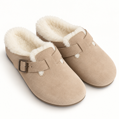 Apricot faux-fur-trim buckle clogs, clean pair view