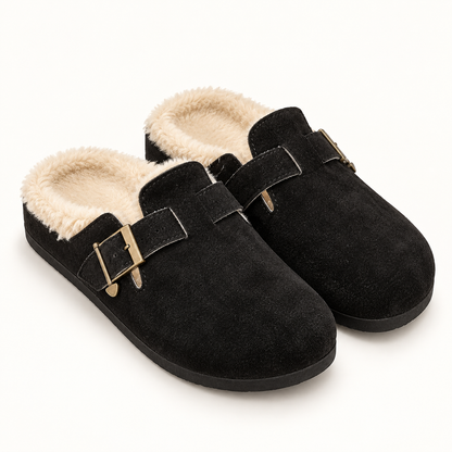 Black faux-fur-trim buckle clogs, clean pair view