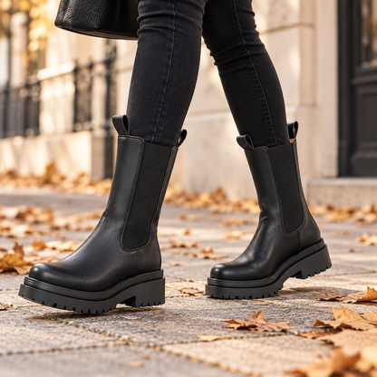 Black tall shaft lug sole Chelsea boots worn outdoors in autumn