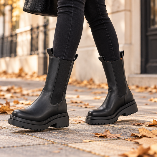 Black tall shaft lug sole Chelsea boots worn outdoors in autumn
