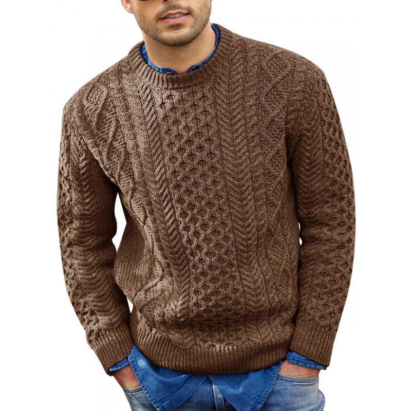 Men’s Cable-Knit Crew-Neck Sweater – Textured Long-Sleeve Pullover with Ribbed Trims for Cold-Weather Wear