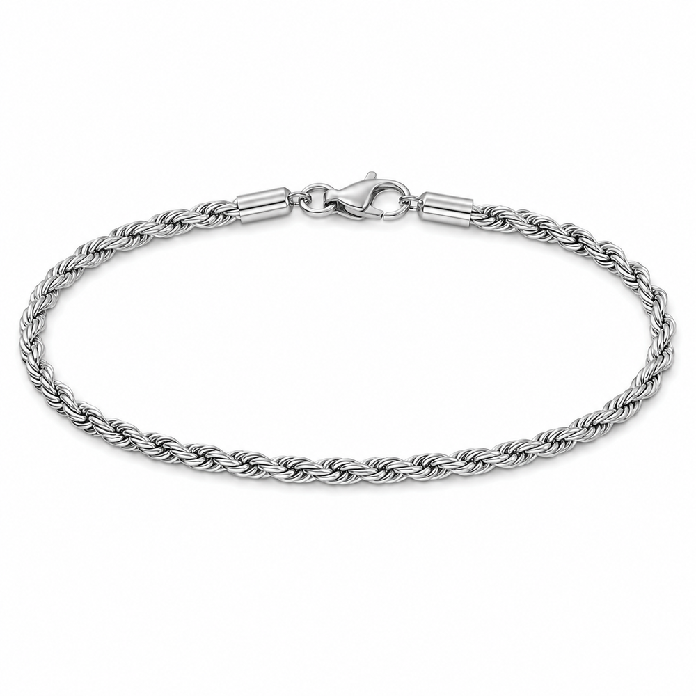 Men’s 3 mm silver-tone rope bracelet, 8 inch, on pure white