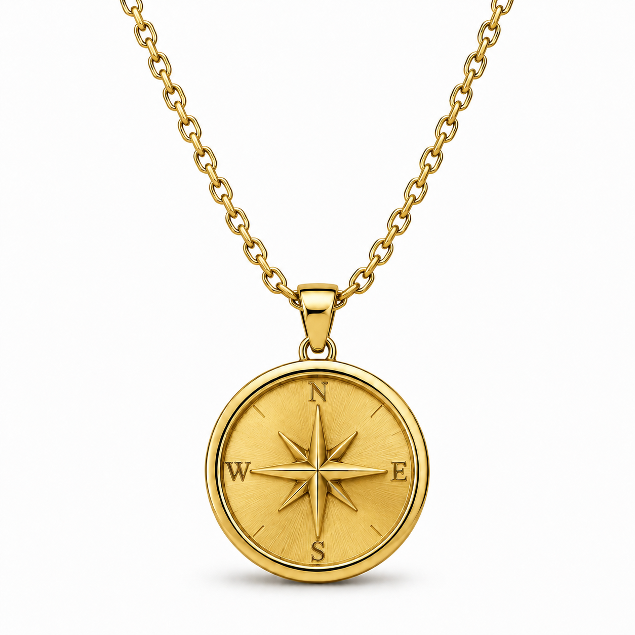 Gold round compass pendant necklace on white