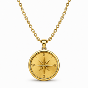 Gold round compass pendant necklace on white