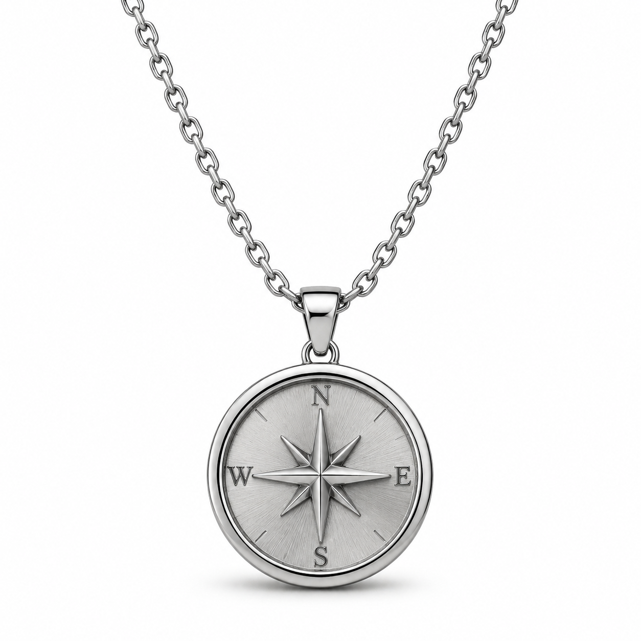 Silver round compass pendant necklace on white