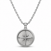 Silver round compass pendant necklace on white
