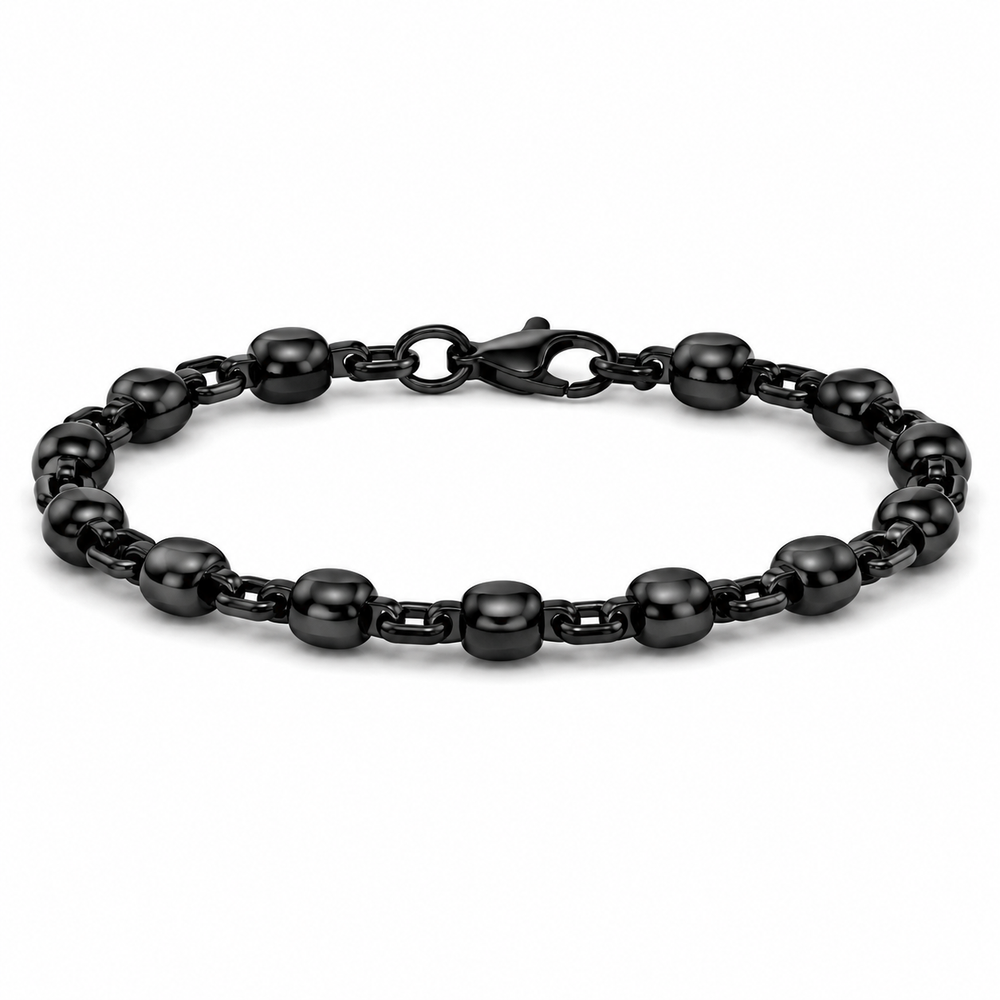 Men’s rounded-link steel bracelet in black finish on pure white