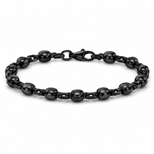 Men’s rounded-link steel bracelet in black finish on pure white