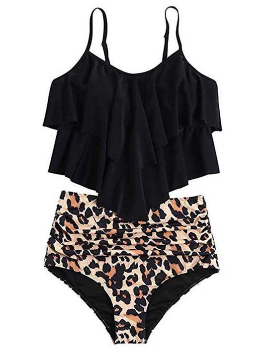 Women’s High-Waisted Bikini Set – Ruffle Cami Top with Leopard-Print Bottoms for Summer Swimwear