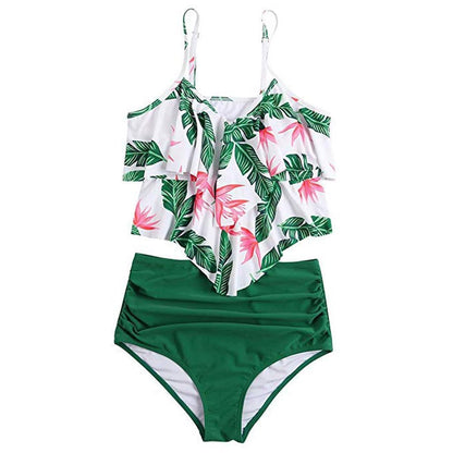 Women’s High-Waisted Bikini Set – Ruffle Cami Top with Leopard-Print Bottoms for Summer Swimwear