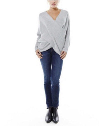 Women’s Wrap Front V-Neck Sweater – Relaxed Long-Sleeve Knit for Smart Casual Wear