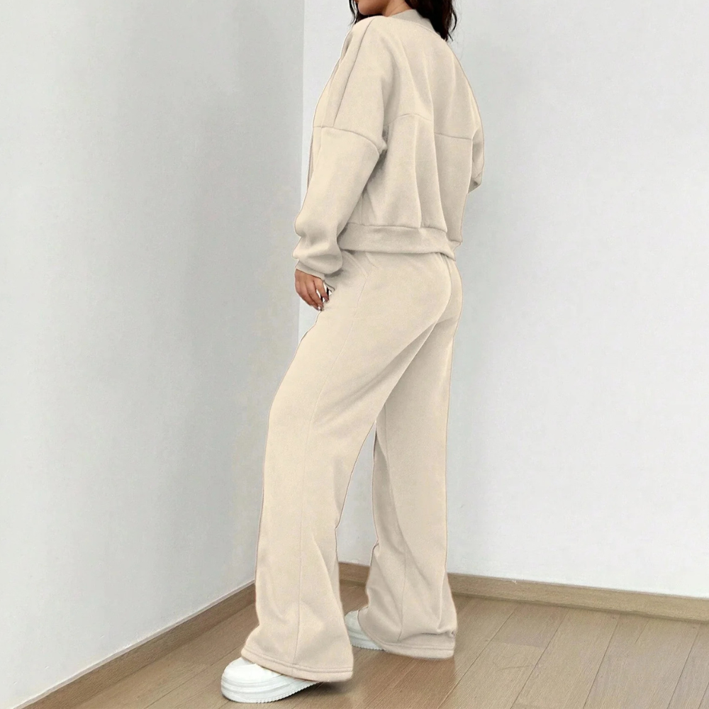 Women’s Zip-Front Two-Piece Set – Cropped Long-Sleeve Jacket with Drawstring Straight-Leg Trousers for Casual Wear