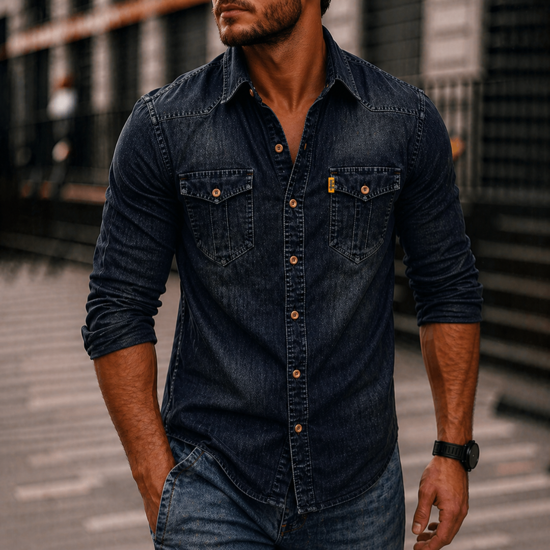 Men’s Denim Long-Sleeve Shirt – Casual Button-Up with Chest Pockets for Everyday Wear