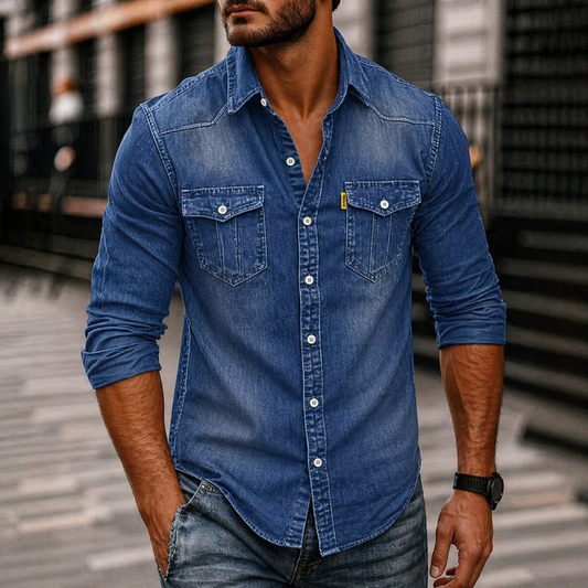 Men’s Denim Long-Sleeve Shirt – Casual Button-Up with Chest Pockets for Everyday Wear