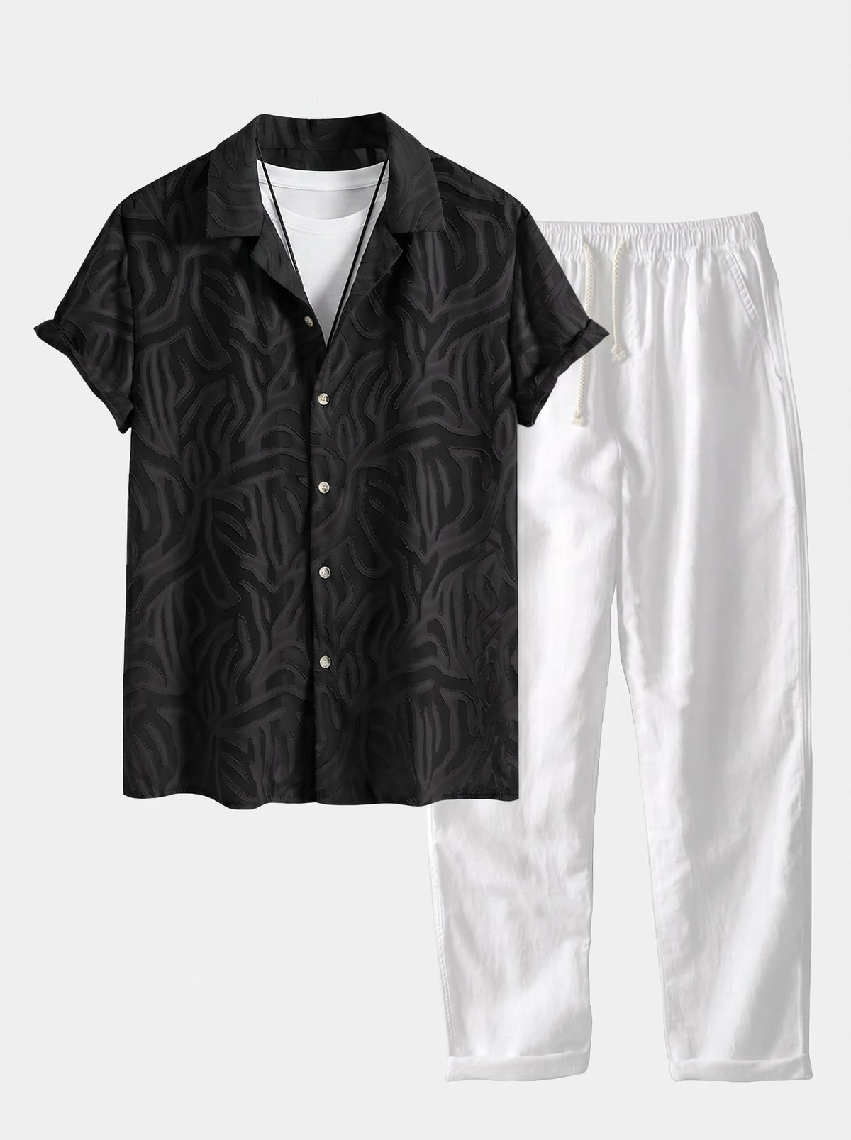 Men’s Cuban Collar Summer Co-Ord – Textured Shirt with Linen Blend Straight Trousers
