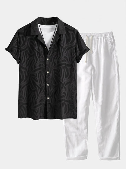 Men’s Cuban Collar Summer Co-Ord – Textured Shirt with Linen Blend Straight Trousers