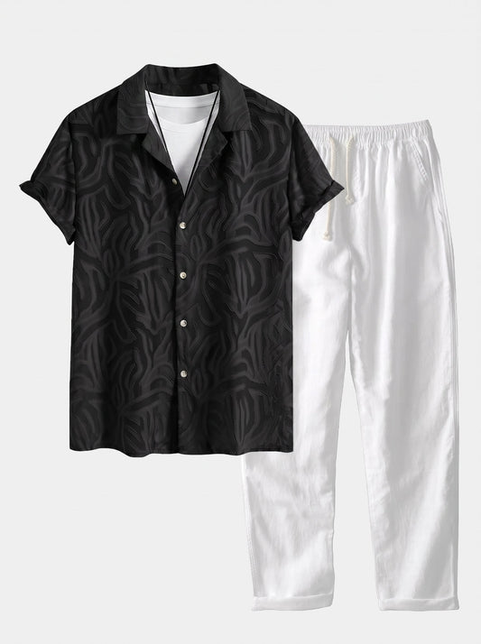 Men’s Cuban Collar Summer Co-Ord – Textured Shirt with Linen Blend Straight Trousers