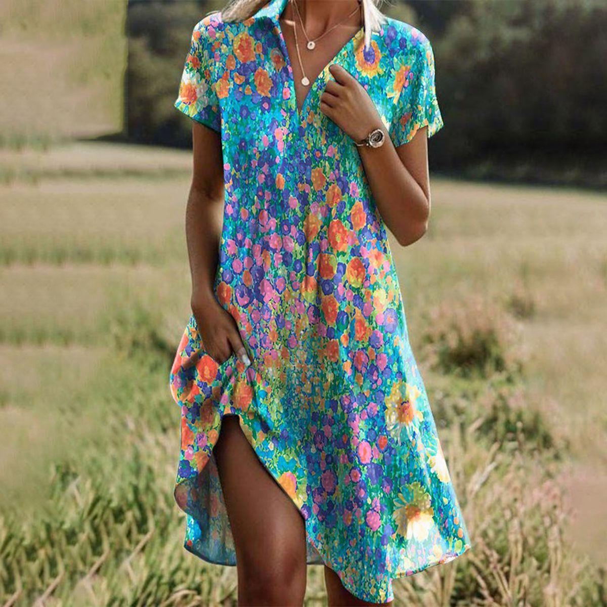 Women’s Printed Midi Dress – Relaxed Short-Sleeve Summer Style for Casual and Occasion Wear