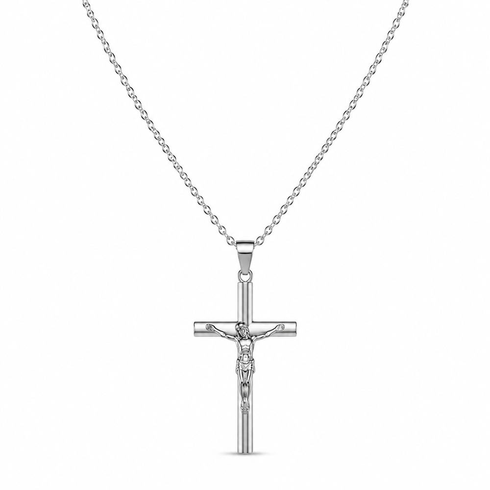 Silver crucifix necklace on white