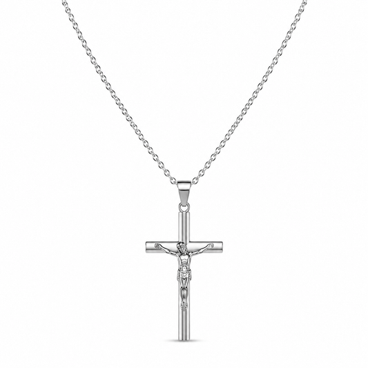 Silver crucifix necklace on white