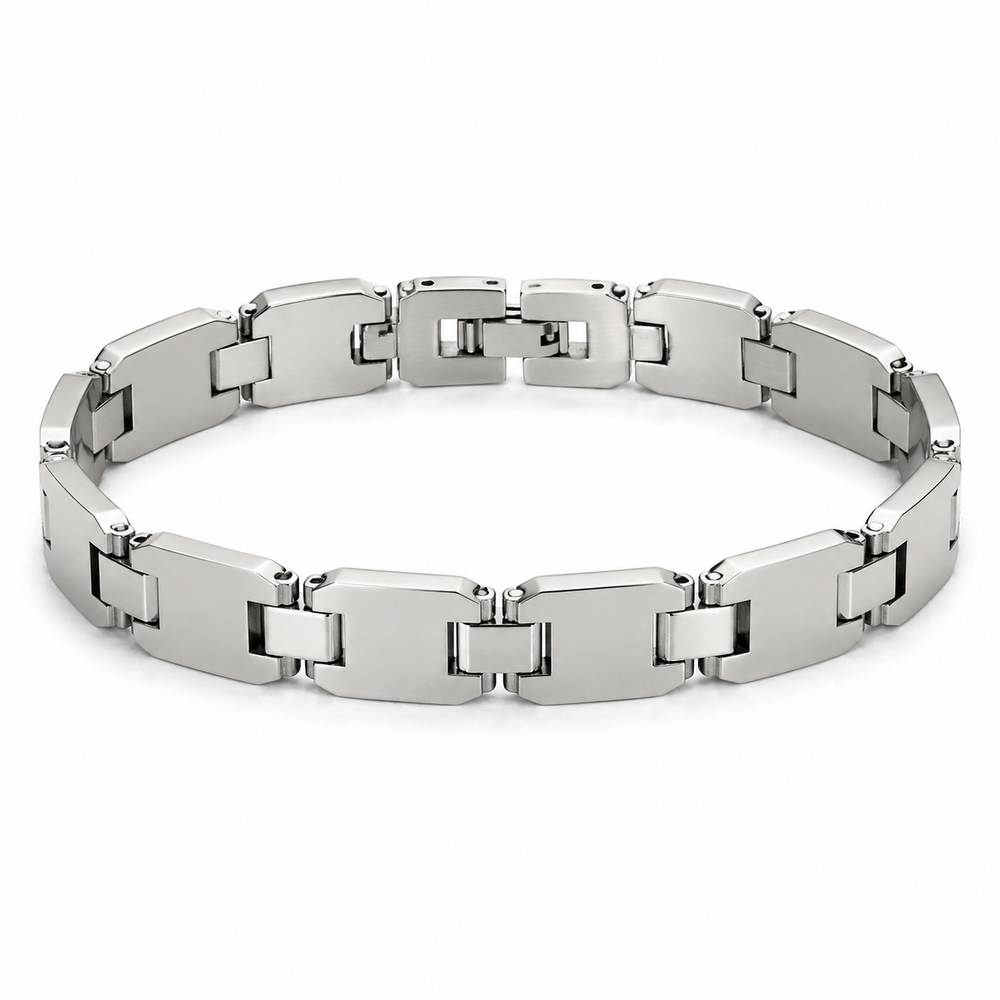 Men's silver geometric link bracelet on white