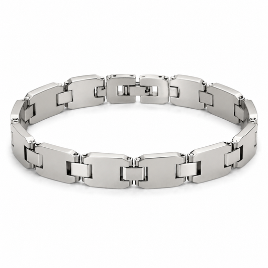 Men's silver geometric link bracelet on white