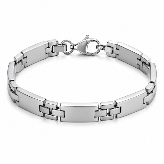 Men's silver 10mm rectangular link bracelet on white