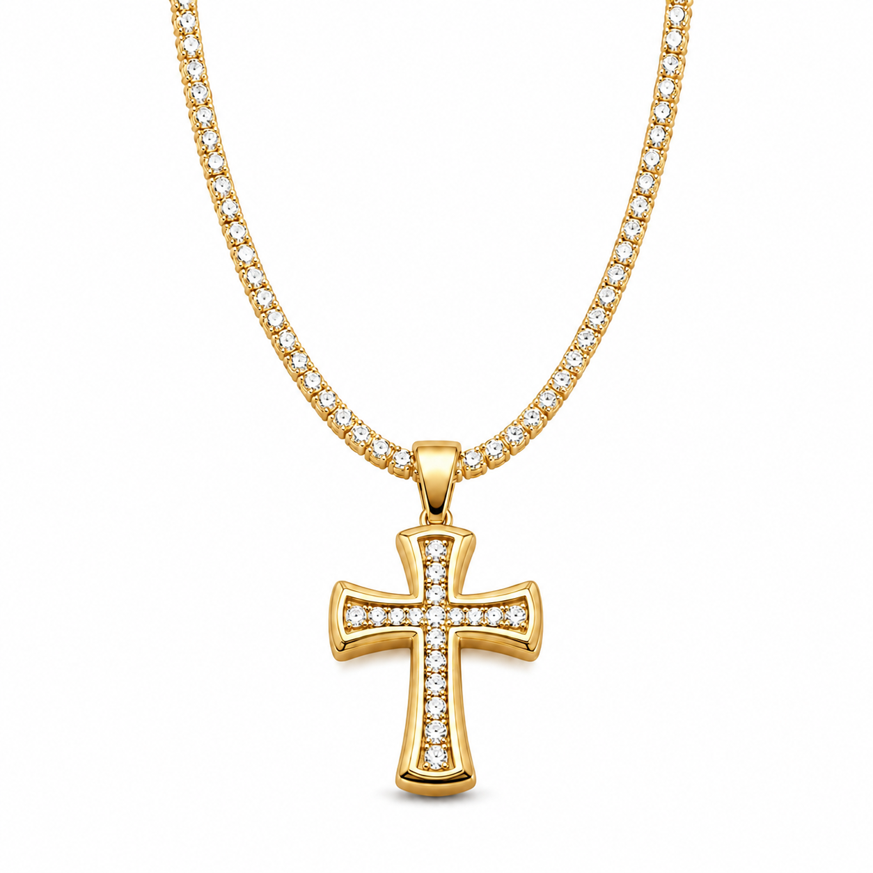 Men's gold-tone single-row cross tennis chain necklace on white