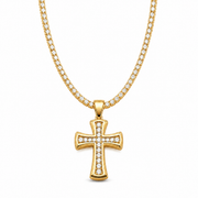 Men's gold-tone single-row cross tennis chain necklace on white