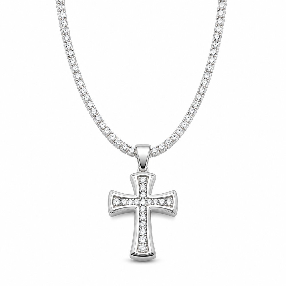 Men's silver-tone single-row cross tennis chain necklace on white