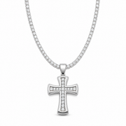 Men's silver-tone single-row cross tennis chain necklace on white