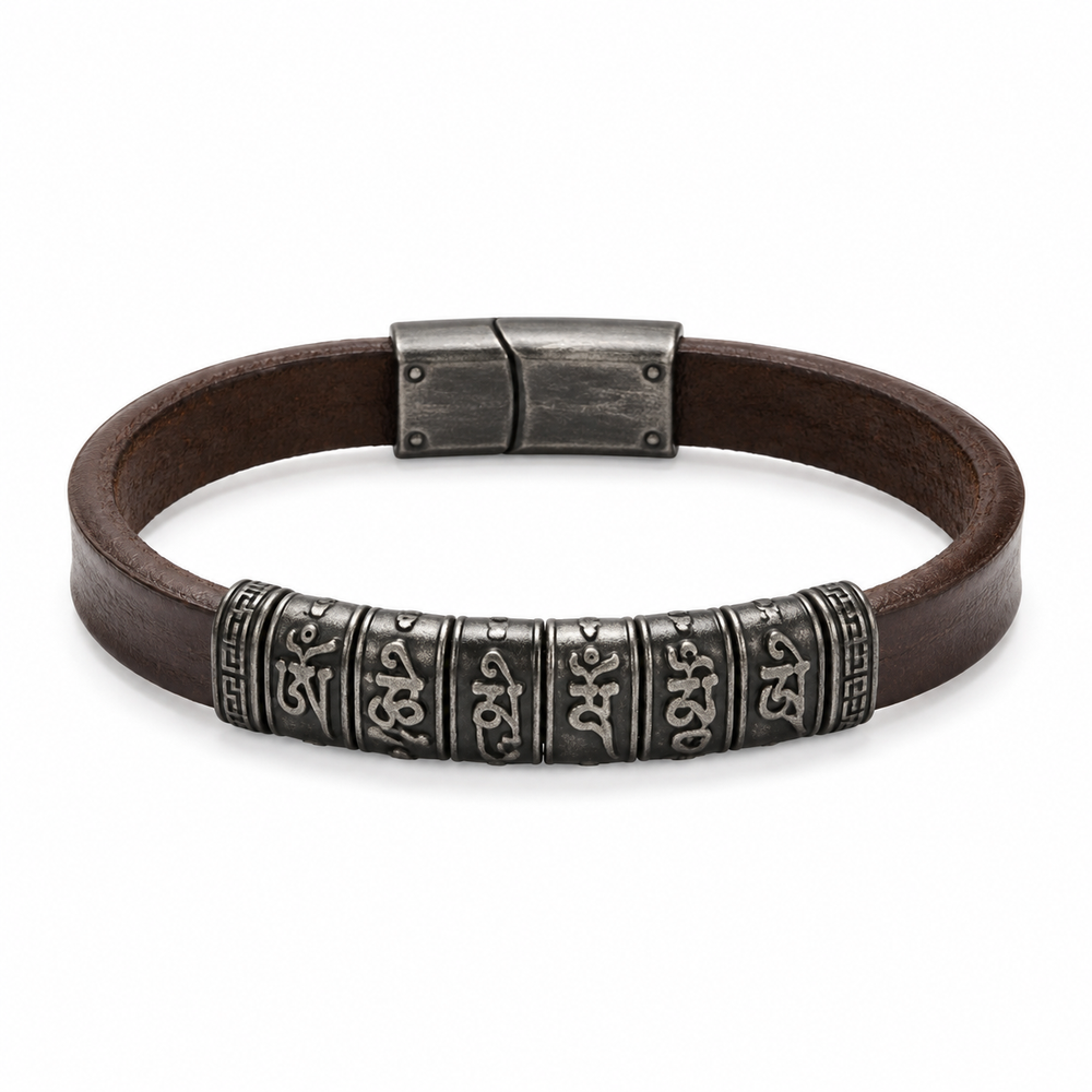 Men's brown leather mantra bracelet on white