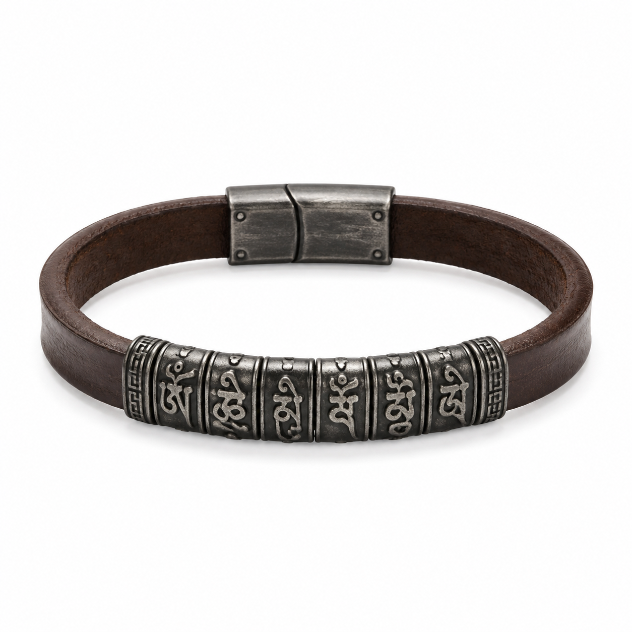 Men's brown leather mantra bracelet on white