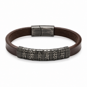 Men's brown leather mantra bracelet on white