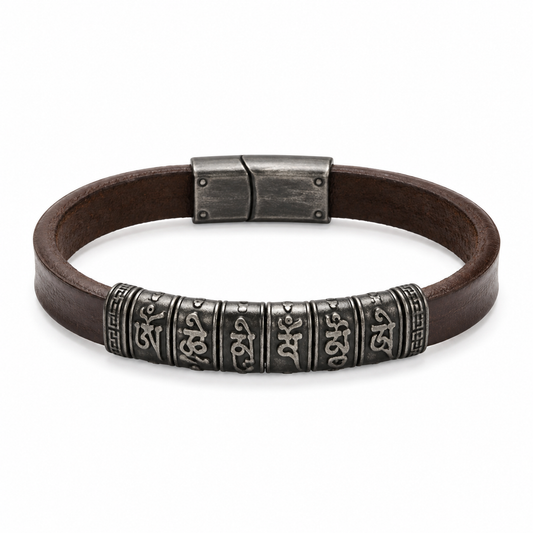 Men's brown leather mantra bracelet on white